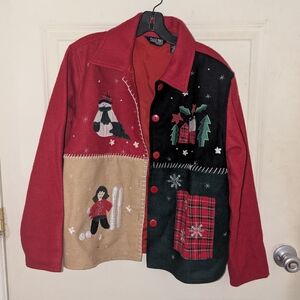 Vintage Winter Christmas Patch Style Wool Button Up Jacket Sweater Take Two M